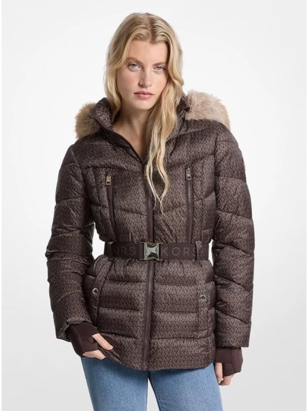 Michael Kors Faux Fur Trim Logo Print Puffer Coat
